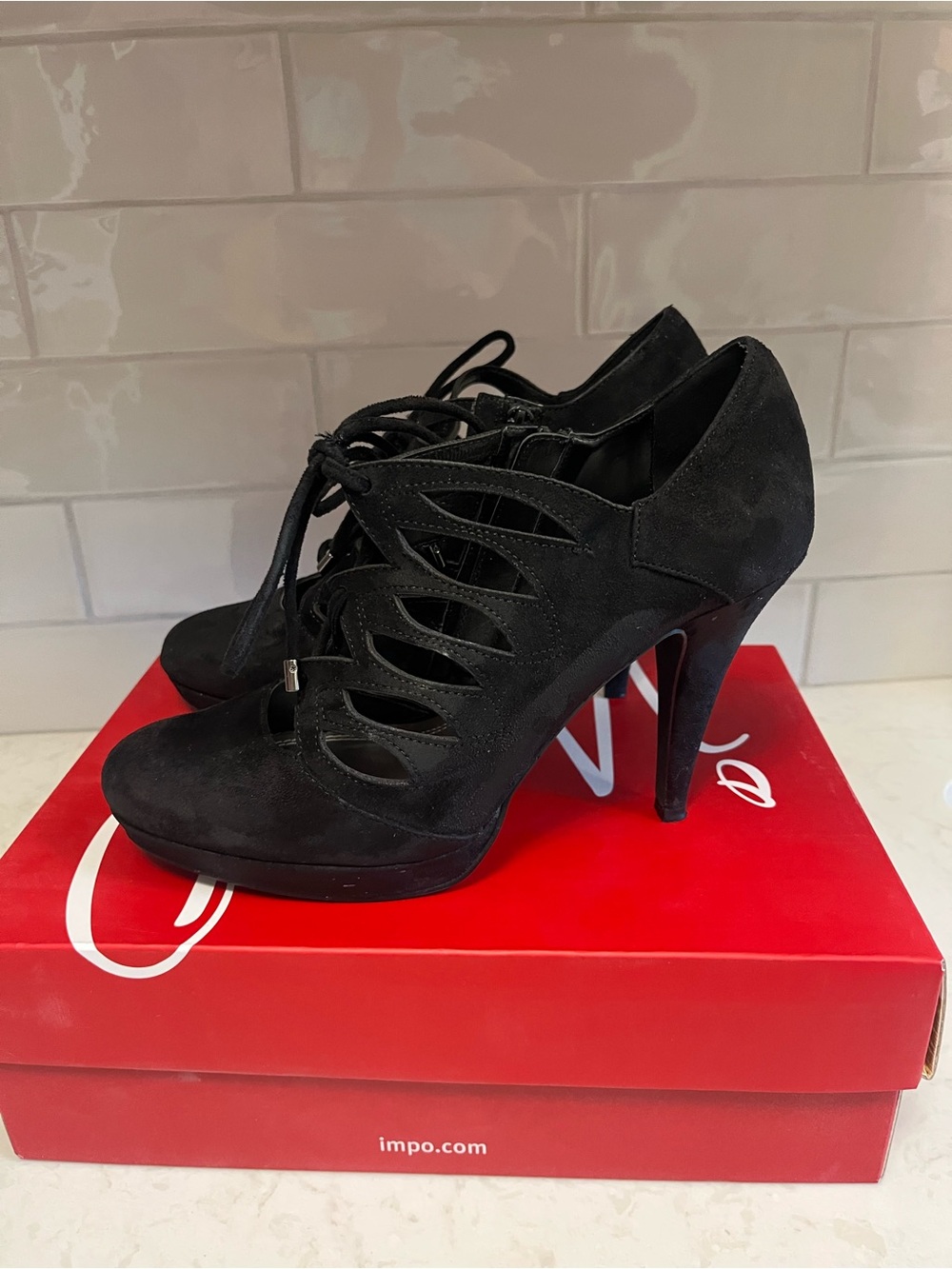 Black Lace-Up Cutout Suede High Heel Pumps